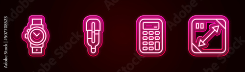 Set line Wrist watch, Medical thermometer, Calculator and Diagonal measuring. Glowing neon icon. Vector