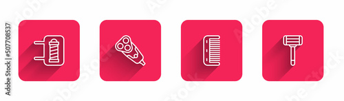 Set line Barber shop pole, Electric razor blade, Hairbrush and Shaving with long shadow. Red square button. Vector