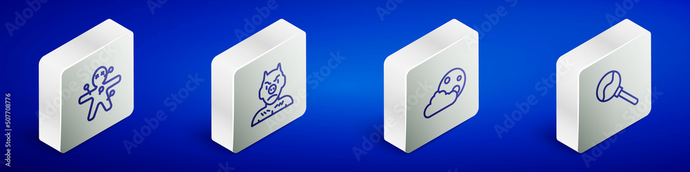 Set Isometric line Voodoo doll, Krampus, heck, Moon and stars and Lollipop icon. Vector Set Isometric line Voodoo doll, Krampus, heck, Moon and stars and Lollipop icon. Vector