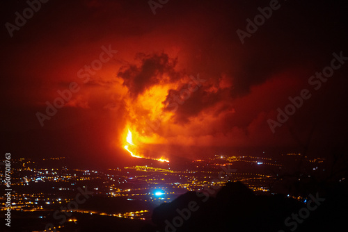 Night view on active Volcano Cumbre Viejo on La Palma Island (‎24.09.2021)
