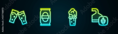 Set line Glass of beer, Beer can, and brewing process. Glowing neon icon. Vector