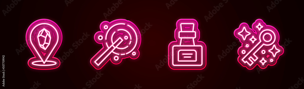 Set line Magic stone, wand, Bottle with potion and Old magic key. Glowing neon icon. Vector Set line Magic stone, wand, Bottle with potion and Old magic key. Glowing neon icon. Vector