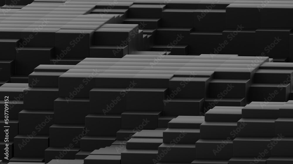 Abstract background with waves made of a lot of black cubes geometry primitive forms that goes up and down under black-white lighting. 3D illustration. 3D CG. High resolution. Abstract background with waves made of a lot of black cubes geometry primitive forms that goes up and down under black-white lighting. 3D illustration. 3D CG. High resolution.