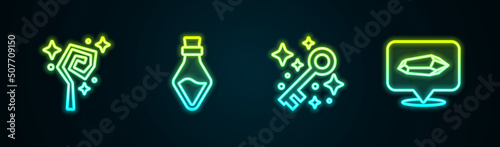 Set line Magic staff, Bottle with potion, Old magic key and stone. Glowing neon icon. Vector
