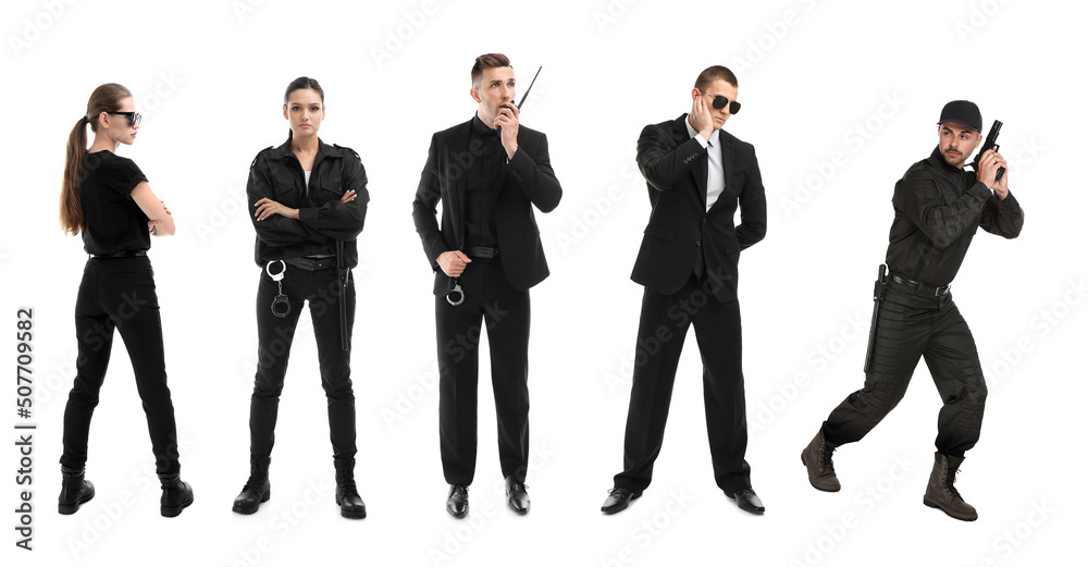 Collage of different professional security guards on white background. Banner design Collage of different professional security guards on white background. Banner design