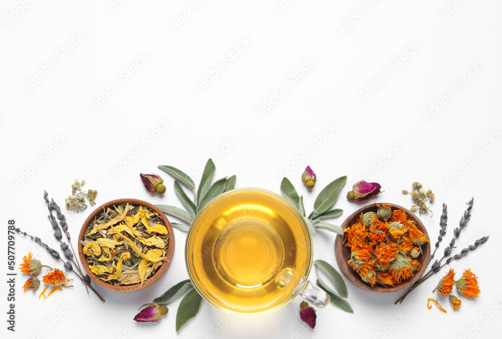 Freshly brewed tea and dried herbs on white background, top view. Space for text - obrazy, fototapety, plakaty 