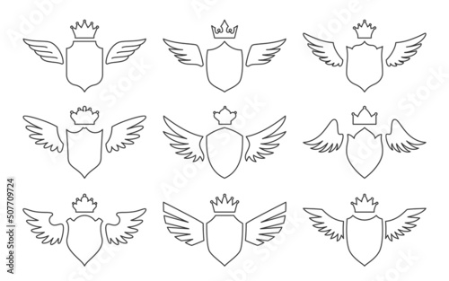 Shield wing crown heraldic emblem black line set. Elegant military emblem protection security blanck. Award high quality royal dynasty coat of arms. Heraldry retro banner medieval isolated