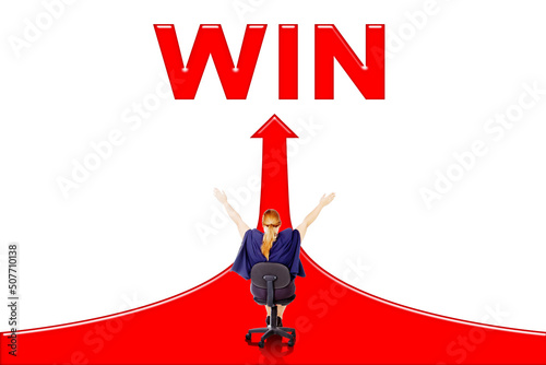 Businesswoman look at upward arrow and win word