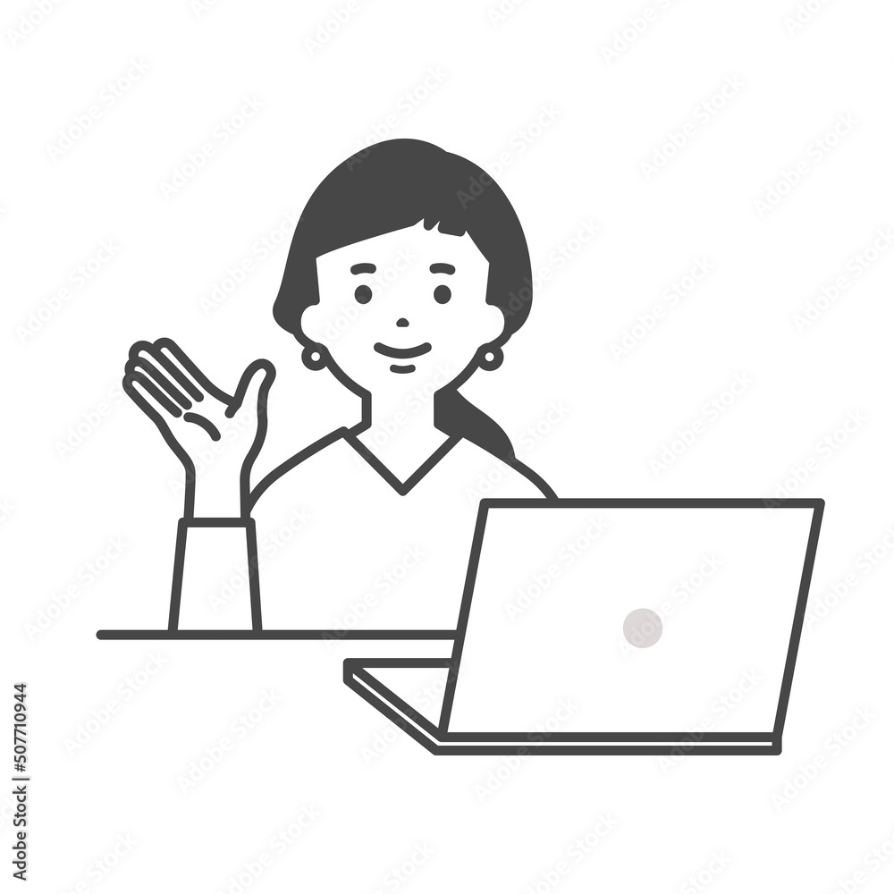 ノートパソコンの前で説明をする女性 Woman explaining in front of a laptop computer ノートパソコンの前で説明をする女性 Woman explaining in front of a laptop computer