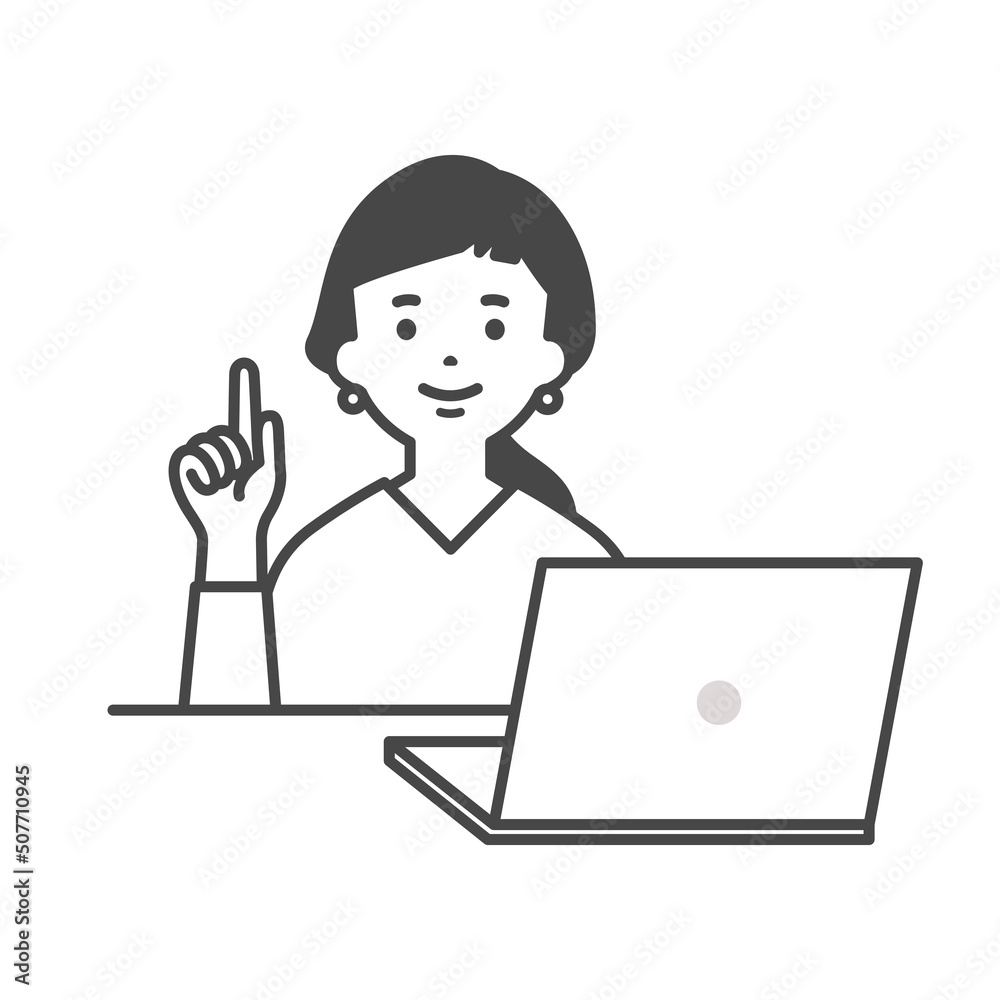 ノートパソコンの前で説明をする女性 Woman explaining in front of a laptop computer ノートパソコンの前で説明をする女性 Woman explaining in front of a laptop computer