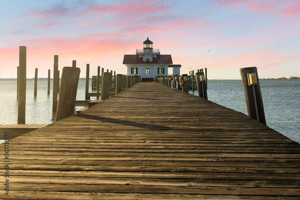 Roanoke Marshes Lighthouse with beautiful sky, Manteo, North Carolina