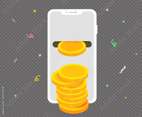 They are holding a gold coin benefit event on their mobile phones illustration set. confetti, money box, cash back, point, payback. Vector drawing. Hand drawn style.
