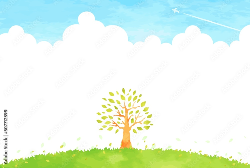 優しい手描きの木と草原と空の風景イラスト
