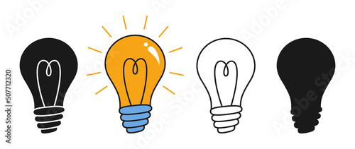 Light bulb icon, glass retro incandescent lamp stamp, silhouette or doodle outline set. Classic lightbulb shine line sign. Symbol idea and creativity, innovation, solution or think, invention vector