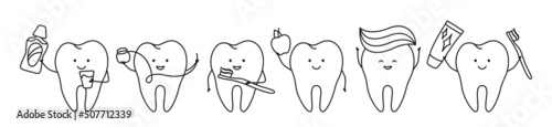 Tooth dental mascot line doodle set. Orthodontic kawaii teeth character with toothbrush, toothpaste, dental floss, mouthwash. Mouth cleaning, healthcare oral hygiene concept. Dentistry baby vector