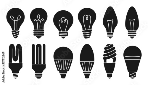 Light bulb silhouette glyph set. Retro glass lamp, ecology spiral led, economy energy saving lightbulb stamp. Symbol idea and creativity, innovation, modern invention. Saving electricity bulb vector