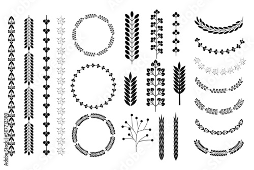 Wreaths spikelets set. Wedding logo. Vintage floral illustration. Floral branch. Vector illustration. Stock image.