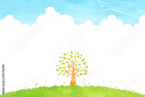 優しい手描きの木と草原と空の風景イラスト