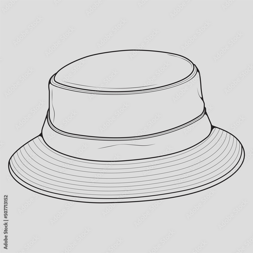 bucket hat outline drawing vector, bucket hat in a sketch style, trainers template outline, vector Illustration. bucket hat outline drawing vector, bucket hat in a sketch style, trainers template outline, vector Illustration.