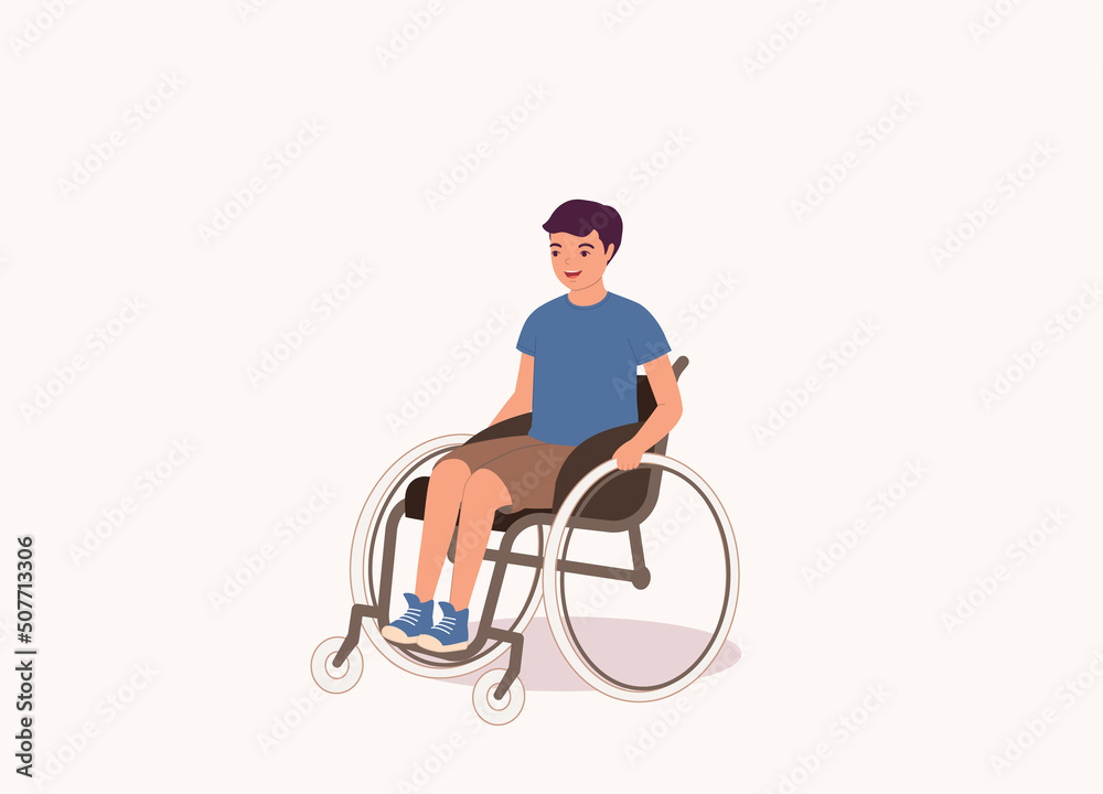 One Smiling Boy Sitting In A Wheelchair. Full Length. Flat Design, Character, Cartoon. One Smiling Boy Sitting In A Wheelchair. Full Length. Flat Design, Character, Cartoon.