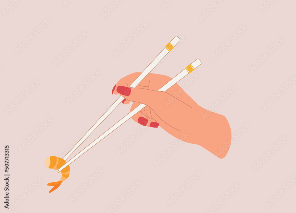 Female’s Hand Holding A Pair Of White Color Chopsticks With One Headless Shrimp That Is Already Peeled And Cooked. Close-Up. Flat Design, Character, Cartoon.