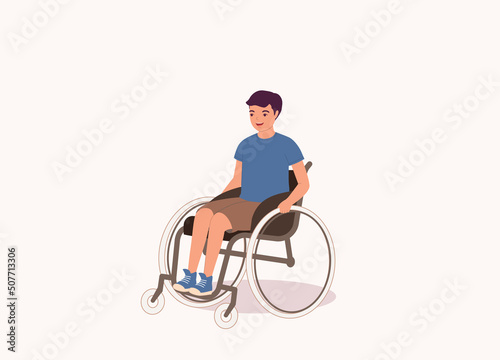 One Smiling Boy Sitting In A Wheelchair. Full Length. Flat Design, Character, Cartoon.