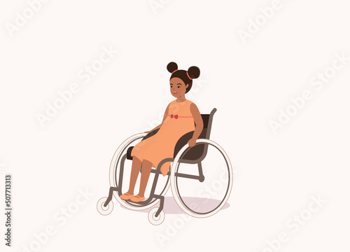 One Smiling Black Girl In Pink Dress Sitting In A Wheelchair. Full Length. Flat Design, Character, Cartoon.