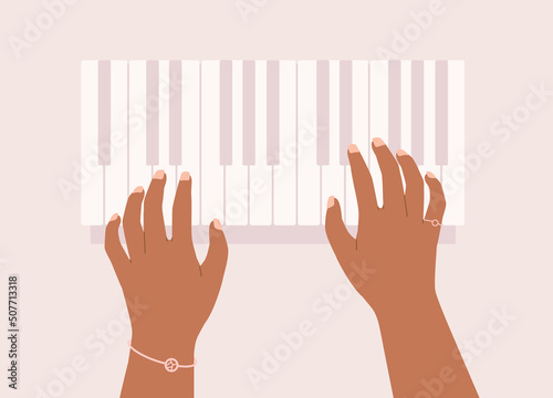 Black Female’s Hand With Pink Color Nail Polish, Bracelet And, Ring Playing Piano Keys. Close-Up. Flat Design, Character, Cartoon.