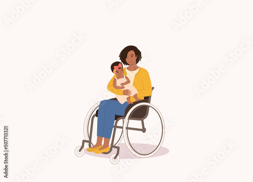 One Smiling Black Mother With Disability Sitting In Wheelchair Carrying Her Baby Girl. Full Length. Flat Design, Character, Cartoon.