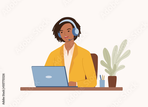 One Smiling Black Woman Customer Support Representative With Headset Working With Laptop. Half Length. Flat Design, Character, Cartoon.