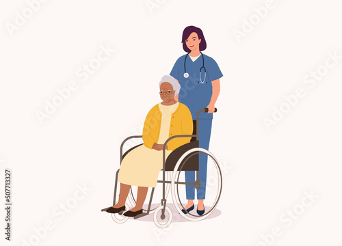 Smiling White Female Nurse Pushing Wheelchair With Disabled Black Senior Woman. Full Length. Flat Design, Character, Cartoon.