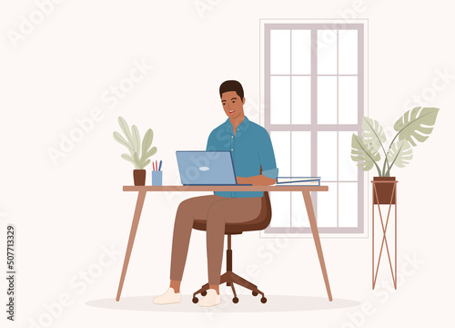 One Smiling Black Man In Blue Shirt Working With Laptop In Office. Full Length. Flat Design, Character, Cartoon.