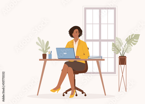 One Smiling Black Woman In Yellow Blazer Working With Laptop In Office. Full Length. Flat Design, Character, Cartoon.