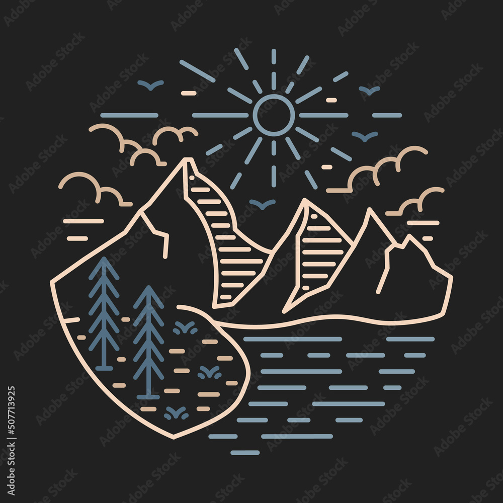 good view of mountains with sunrise and river graphic illustration vector art t-shirt design
