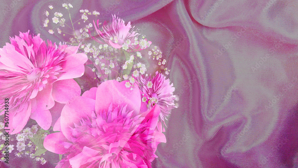 Carnations under pink see-through fabric. 3D rendering
