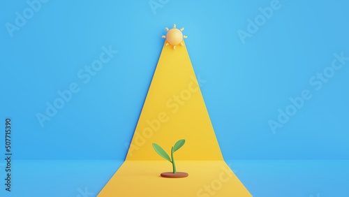 Plant or Seedlings growing with sunligh.Nature, ecology and growth concept. Abstract minimal scene with copy space.3D Rendering Illustration.