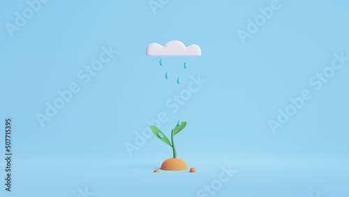 Growing concept.Plant growing with rain water drop.Nature, ecology and growth concept. Abstract minimal scene with copy space.3D Rendering Illustration.