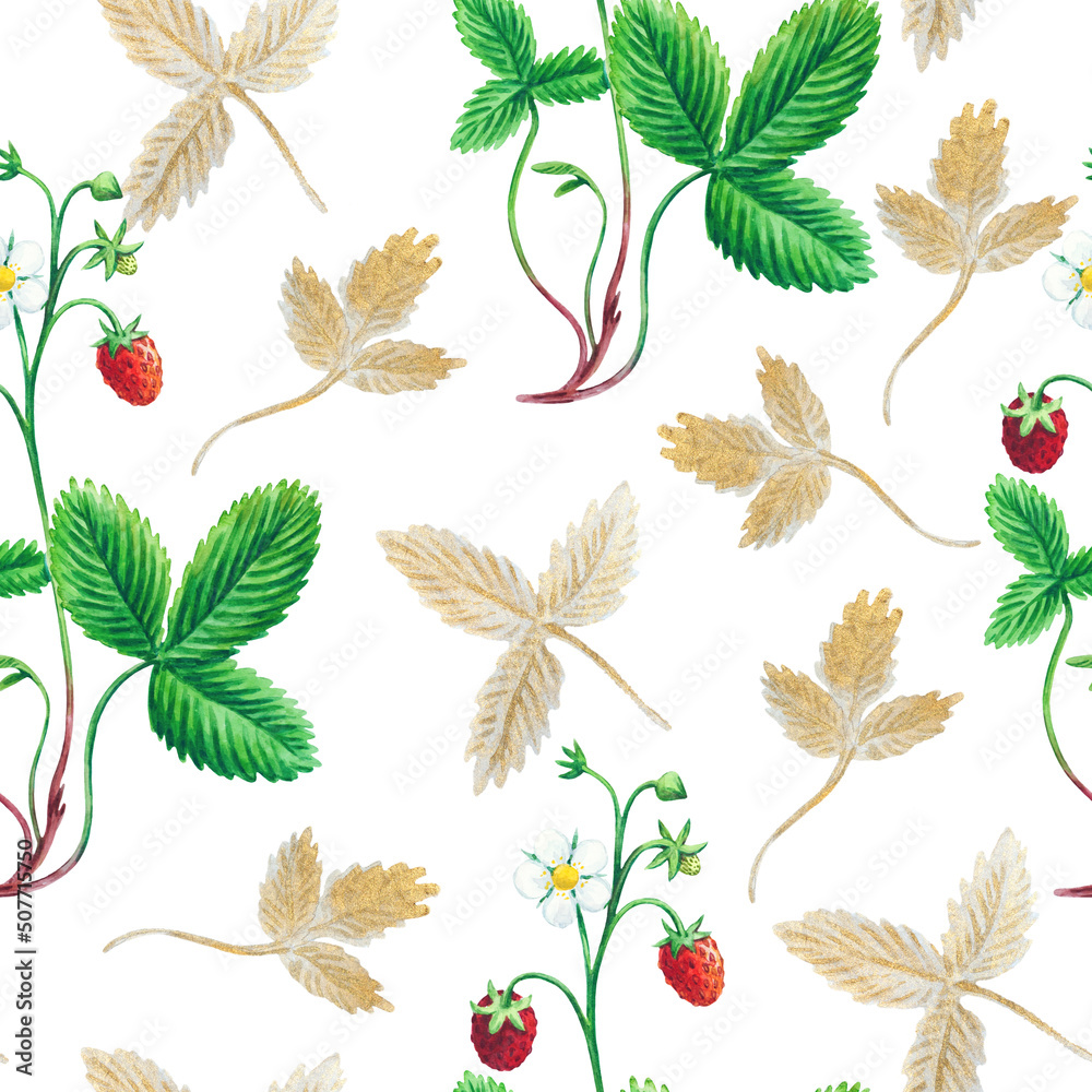 Watercolor seamless pattern with wild forest strawberries. 