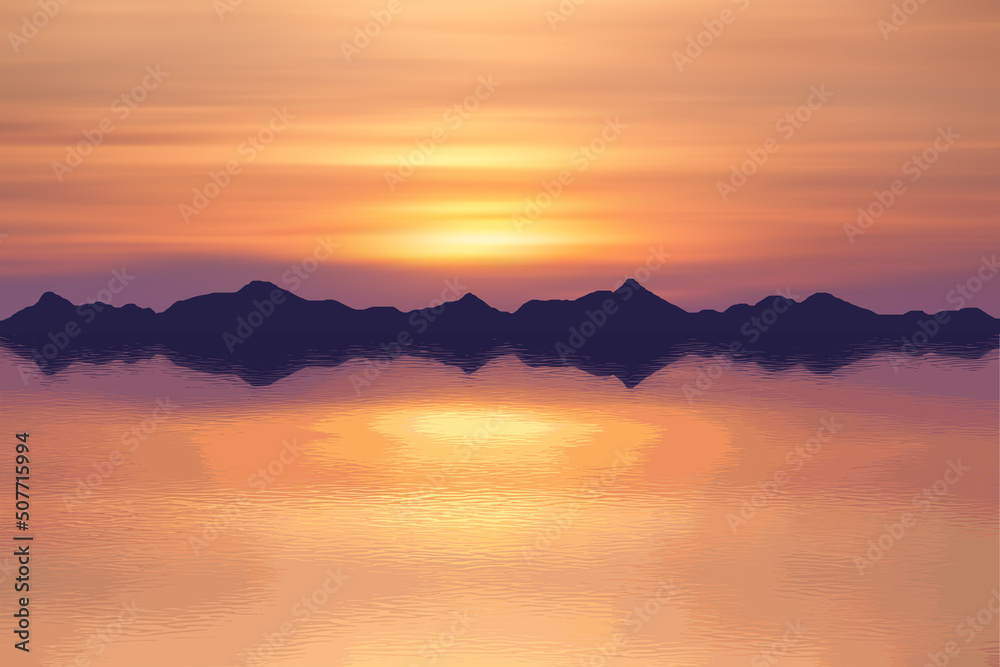Sea landscape, summer vacation. The mountains on the horizon, the picturesque sunset sky, a beautiful reflection in the water.