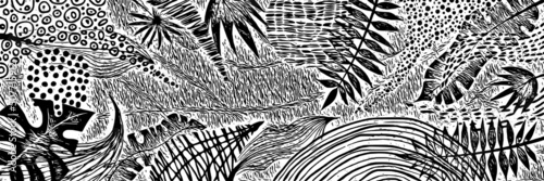 Vector banner of tropical leaves, black and white