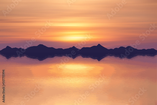 Sea landscape, summer vacation. The mountains on the horizon, the picturesque sunset sky, a beautiful reflection in the water.