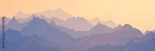 Sunrise in the mountains, mountain ranges in the morning haze, panoramic view, vector illustration