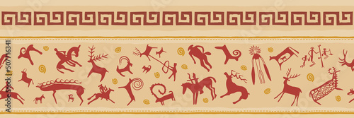 Ethnic border on the theme of rock paintings, vector design. Seamless pattern, banner.