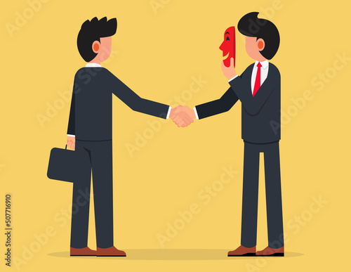 liar or suspicion fraud, betrayal or disguise deal. Businessman shaking hands with his partner hiding behind mask