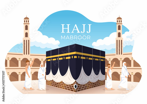 Hajj or Umrah Mabroor Cartoon Illustration with People Character and Makkah Kaaba Suitable for Poster or Landing Page Templates