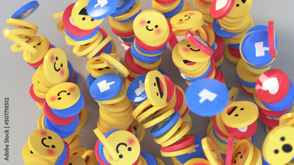 Social media unique design emojis and likes 3D render Social media unique design emojis and likes 3D render
