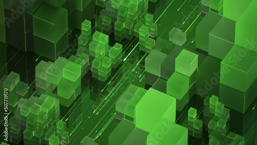 Green cubes comopsition. Abstract computer generated background. Seamless loop 3D render animation photo