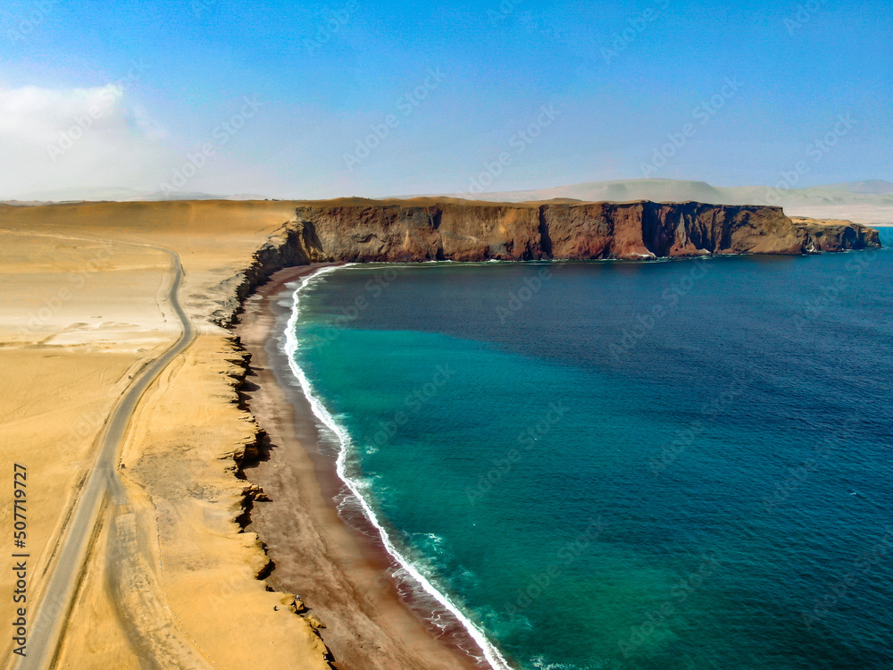 Aerial panorama of playa roja in Paracas Reserve Peru
