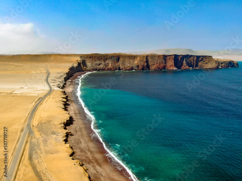 Aerial panorama of playa roja in Paracas Reserve Peru