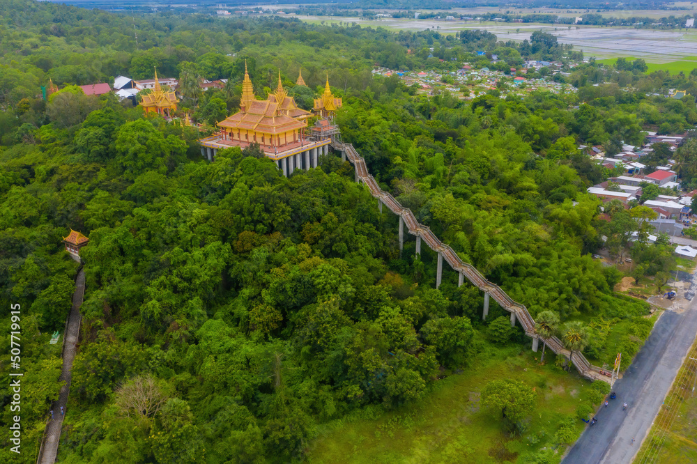 view of Ta Pa pagoda in Ta Pa hill, Tri Ton town, one of the most famous Khmer pagodas in An Giang province, Mekong Delta, Vietnam.